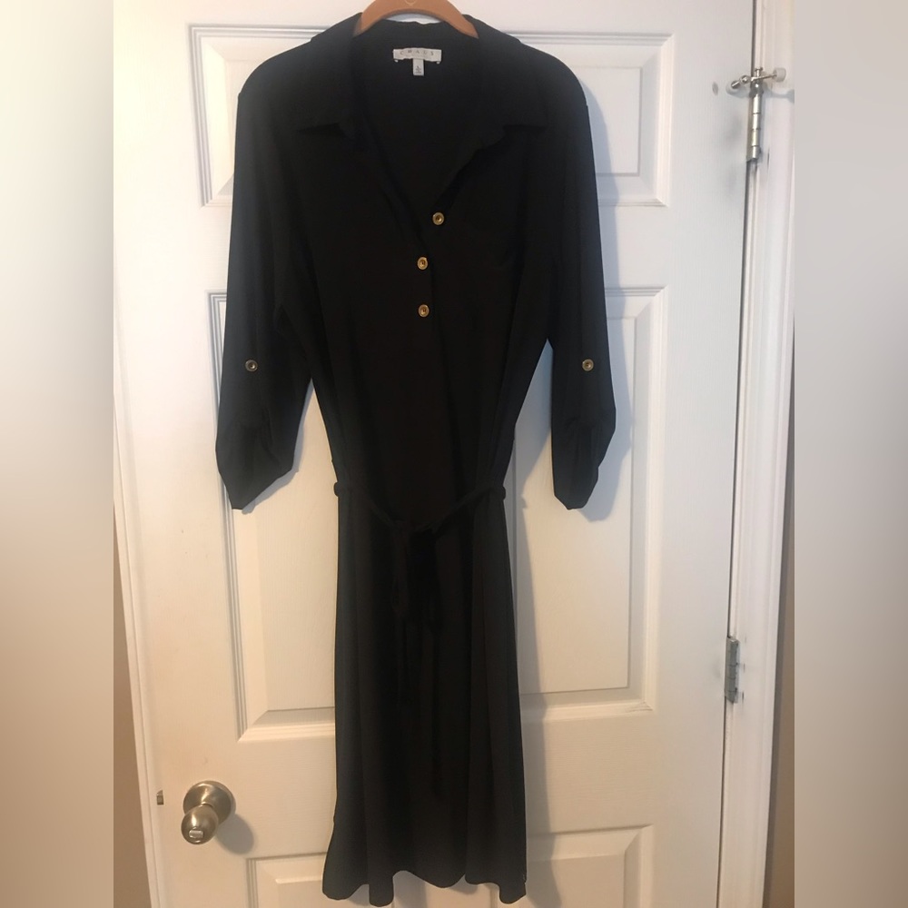 Chaus New York Belted Dress Womens L Black 3/4 Sleeve